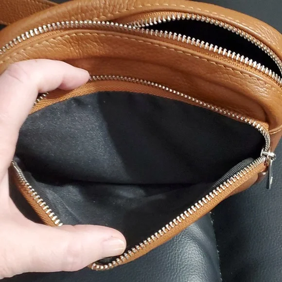 STELLA BIANCA Cuoio tan Made In Italy Leather Double Pocket Sling Belt bag - Picture 4 of 9